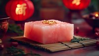 Pink Asian soap bar with gold ornament on bamboo mat against blurred red lanterns background creates oriental spa atmosphere for wellness and relaxation concepts.