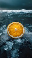 Fresh with dramatic lighting, vibrant citrus fruit contrasting against frozen texture for food and beverage marketing.