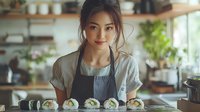 Young Asian woman in apron presenting freshly made sushi rolls at restaurant counter with natural lighting and blurred kitchen background. Professional food service setting.