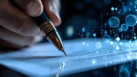 Pen signing digital contract with futuristic data visualization elements, glowing blue circles and technology interface on dark background. Business innovation concept.