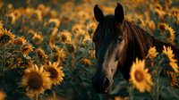 Black horse standing in sunflower field during golden hour, surrounded by blooming yellow flowers and warm natural light for agricultural and equine themes.