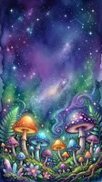 Enchanted forest floor with glowing mushrooms and bioluminescent flora beneath a starry galaxy sky filled with cosmic nebulas and constellation patterns.