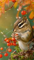 Chipmunk eating bright red berries among autumn foliage with water droplets, creating a charming wildlife scene in fall forest setting.