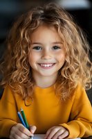 Cheerful young girl with curly blonde hair wearing yellow sweater smiling while doing homework or drawing. Natural lighting highlights genuine expression.