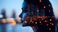 Female profile silhouette with double exposure of illuminated night city skyline, glowing bokeh lights creating dreamy urban atmosphere. Modern photography concept.
