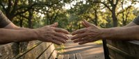 Two people reaching out to shake hands on wooden bridge in peaceful park setting with warm sunlight filtering through trees creating connection moment.