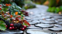 Fresh blackberries and red berries with autumn leaves on wet stone pathway after rain, shallow depth of field creates dreamy garden atmosphere.