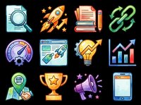 SEO and digital marketing icon set with colorful cartoon elements, isolated on transparent background, ready for clipart, stickers, t-shirt design, and print on demand use.