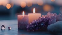 Glowing candles alongside raw amethyst crystal clusters create serene atmosphere with soft bokeh lights in background, perfect for meditation and spiritual practices.