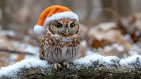 Adorable owl wearing red and white Santa hat perched on snowy branch in winter forest setting, festive holiday nature photography for seasonal greeting cards.