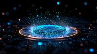 Glowing blue digital circuit ring with particles and light effects on dark background, representing advanced technology and artificial intelligence.