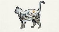 Cat silhouette filled with mountain landscape scene featuring pine trees and sun for nature-themed designs and outdoor adventure concepts.
