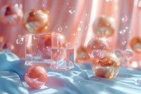Abstract modern composition with transparent glass cubes and coral spheres on silky fabric, featuring dreamy bokeh lights and water drops perfect for luxury beauty product backgrounds.
