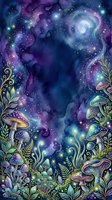 Mystical cosmic galaxy with swirling nebula, glowing stars, and luminescent mushrooms with ornamental foliage borders. Fantasy space background for design projects.