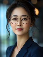 Young Asian businesswoman wearing round glasses and navy blazer smiles confidently against blurred bokeh background, professional corporate headshot style portrait.