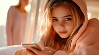 Young Caucasian woman with blonde hair lying down while using smartphone in soft morning sunlight, warm tones and natural lighting create cozy atmosphere.
