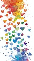Colorful watercolor hearts cascade in rainbow pattern from warm orange and red to cool blue and purple tones, with splatter effects on white background.