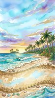 Tropical beach sunset with palm trees, ocean waves, and colorful sky in watercolor style. Sandy shore with decorative patterns, shells, and coastal landscape. Suitable for travel, vacation, and nature designs.