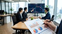 Business team analyzing financial data charts and graphs during corporate meeting in modern office conference room with city view.
