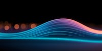 Abstract flowing neon lines creating dynamic wave formation against dark background with bokeh lights, modern futuristic design element in blue and pink gradient.