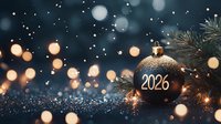Festive Christmas bauble with number 2026 against dark background with golden bokeh lights and pine branches creating magical holiday atmosphere.