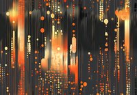 Abstract digital art with vertical light streaks and glowing orange and yellow dots against dark background creating futuristic cityscape effect.