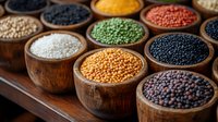 Variety of colorful raw legumes, grains and pulses in wooden bowls on rustic table. Healthy protein sources including lentils, peas, beans and chickpeas.