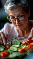 Mature woman with gray hair and glasses preparing fresh vegetable salad with cucumber and tomatoes. Close up portrait in soft natural lighting.