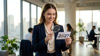 Woman in business attire holding 2027 calendar in modern office with colleagues and city views, representing future planning and corporate success.