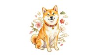 Smiling Shiba Inu dog with golden-red coat wearing collar, surrounded by decorative floral elements, leaves, and playful icons on white background, isolated for design use.