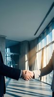 Two business professionals shaking hands in modern office corridor with natural light streaming through windows, symbolizing partnership, agreement, and successful deal closure.