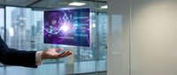 Businessman holding glowing digital hologram with network connections and data visualization in modern office with city skyline background for technology and innovation concepts.
