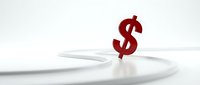 Red dollar sign symbol positioned on a curved white path or road, representing financial direction, money flow, business strategy, and economic growth concepts for marketing and corporate design use.