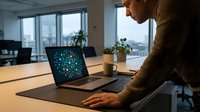 Man in brown sweater working at wooden desk with laptop displaying digital network visualization, coffee cup, and potted plant by office windows overlooking cityscape.