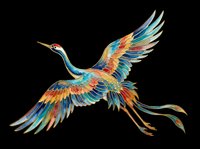 Colorful ornate flying crane with gold details, isolated on transparent background. Great for t-shirt design, stickers, sublimation, and print on demand clipart.