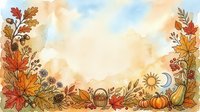 Autumn harvest frame with pumpkins, leaves, acorns and seasonal elements on watercolor background for thanksgiving greeting cards and fall decorations.