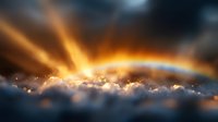 Dramatic sunbeams breaking through dark storm clouds with golden rays piercing moody sky at sunset, creating atmospheric celestial landscape with glowing light effects.