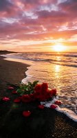 Red roses scattered on beach sand at golden sunset with dramatic pink and orange sky reflecting on ocean waves for romantic Valentine's Day concepts.