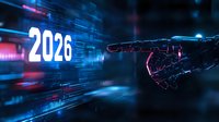 Futuristic robotic hand pointing at glowing 2026 number against digital matrix background with blue light effects and technology data streams.