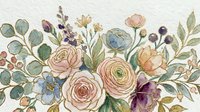 Watercolor floral arrangement with roses, ranunculus, and eucalyptus leaves in soft pink, purple, and green tones on cream background for botanical designs.