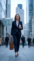 Confident businesswoman walking through modern financial district with coffee and briefcase during morning commute to office.