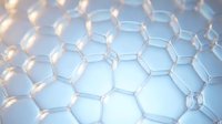Hexagonal molecular structure with glowing connections on blue background for scientific research, chemistry education and biotechnology presentations.