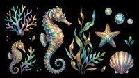 Watercolor ocean clipart set with seahorses, starfish, seashell, coral, seaweed, and bubbles, isolated on transparent background, ready for stickers, t-shirt design, and print on demand.