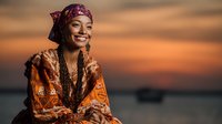 Smiling African woman in traditional orange attire and headwrap against dramatic sunset backdrop over water, conveying joy, cultural heritage, and natural beauty.