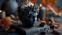 Dark goddess sculpture with autumn leaves, cinnamon sticks, and chocolate pieces in mystical setting with candles and warm ambient lighting.