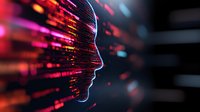 Digital profile silhouette with glowing particles and light trails in red and blue neon colors against dark background, representing artificial intelligence and technology.