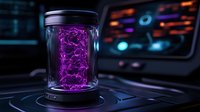 Futuristic laboratory glass container with glowing purple energy plasma on high-tech control panel. Science fiction research facility with holographic displays.