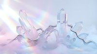 Translucent crystal formations with iridescent rainbow light effects on soft pastel background for spiritual healing meditation and energy work designs.