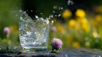 Clear glass with splashing water and ice cubes on stone surface outdoors, pink clover flower in foreground against blurred yellow garden background.