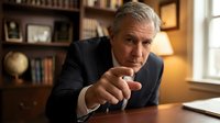 Serious mature Caucasian businessman pointing finger at camera in elegant office with bookshelves and warm lighting for corporate communication concepts.